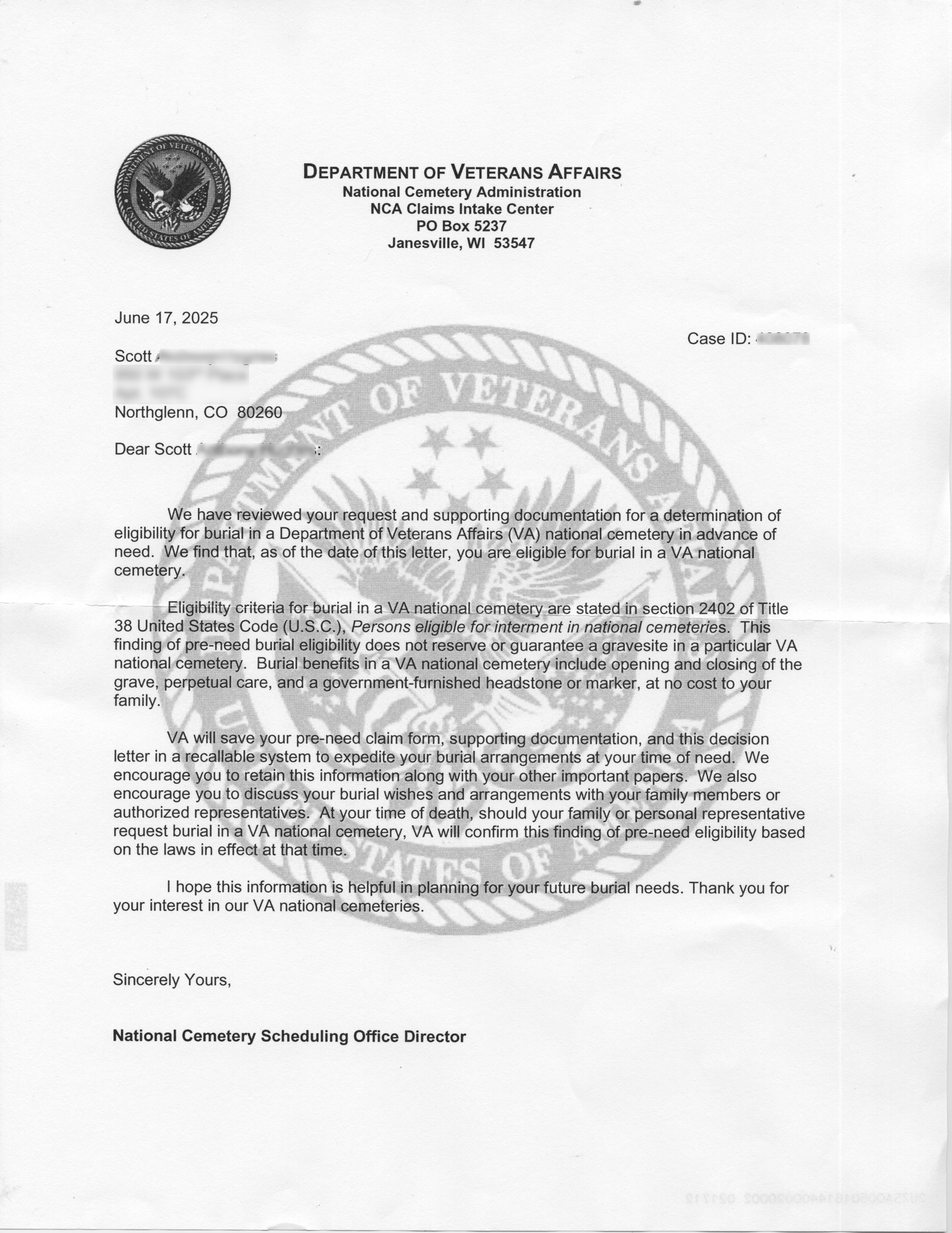 Copy of Notification from U.S. Veterans Affairs confirming my interment in a national cemetery